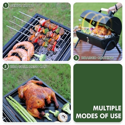 Collage showing different grilling modes: serving trays with skewers and shrimp, BBQ grill mesh with a chicken, and braised cooking.