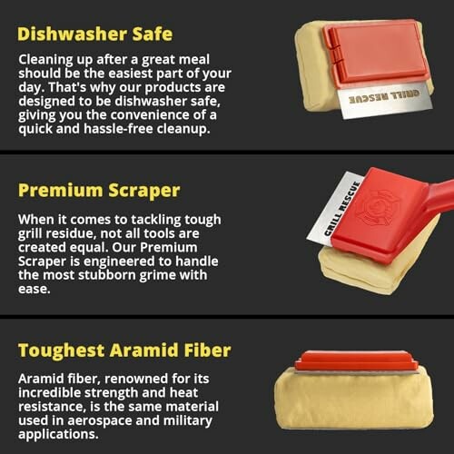 Grill scraper features: dishwasher safe, premium scraper, toughest aramid fiber.
