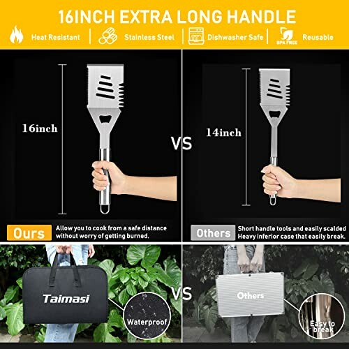 Comparison of 16-inch extra long grill spatula with shorter handle spatula.