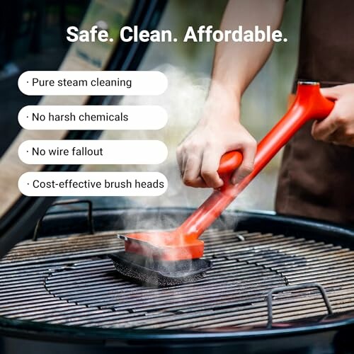 Person using a red steam cleaner on a grill