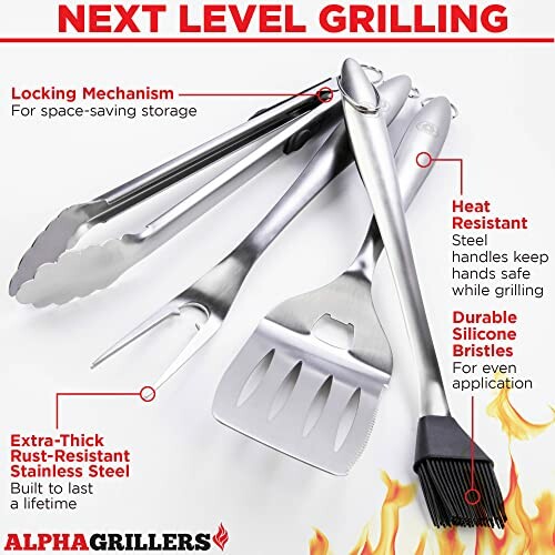 Set of stainless steel grilling tools with features highlighted.
