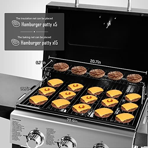 Open grill with cheeseburgers and hamburger patties.