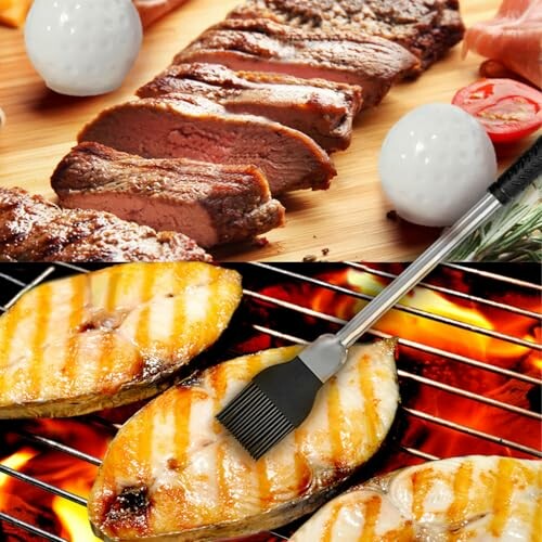 Grilled steak and fish with golf balls.