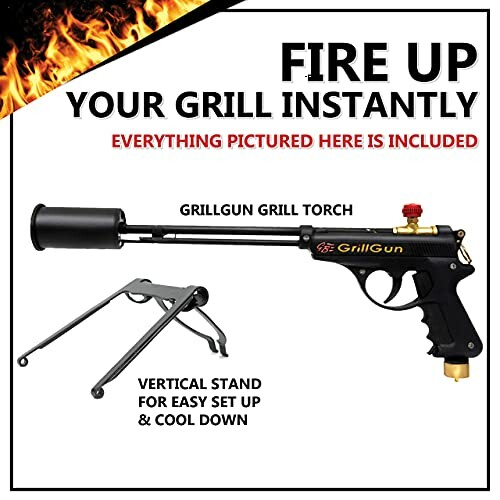 Grillgun grill torch with vertical stand for easy setup and cool down.