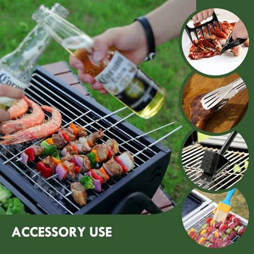 Hands holding drinks over a grill with skewers and shrimp, plus grilling accessory images.