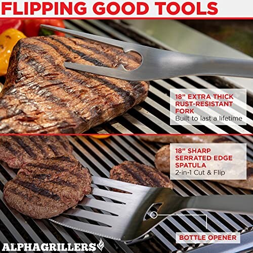 Grilling tools ad with steak and spatula on a grill.
