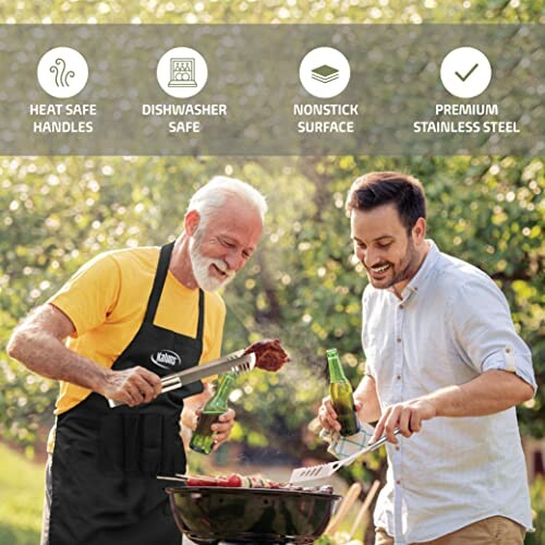 Two men grilling outdoors with barbecue tools.