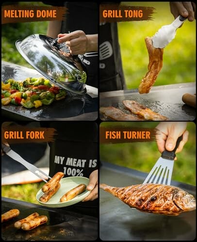 Four grilling tools in use: melting dome over vegetables, grill tong holding meat, grill fork with sausages, fish turner with grilled fish.