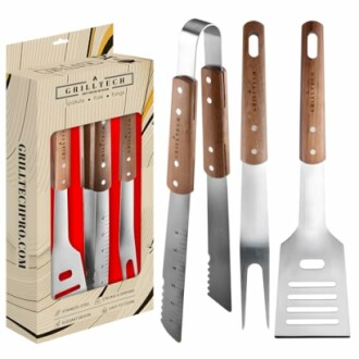 BBQ tool set including spatula, fork, and tongs with wooden handles.