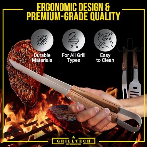 GrillTech ergonomic grill tools with steak on grill.