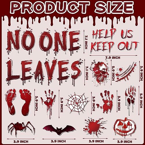 Halloween-themed bloody window clings with phrases and spooky designs.