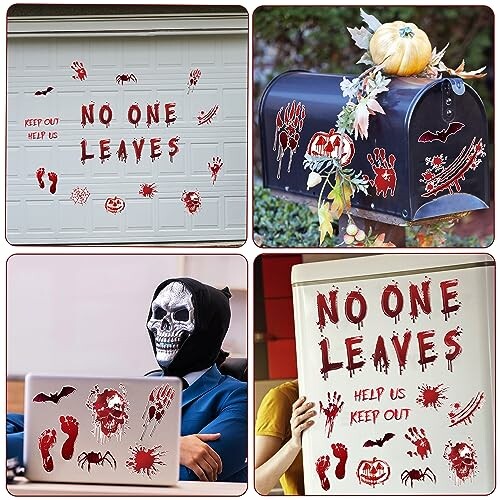 Halloween decorations with spooky signs and skeleton mask.