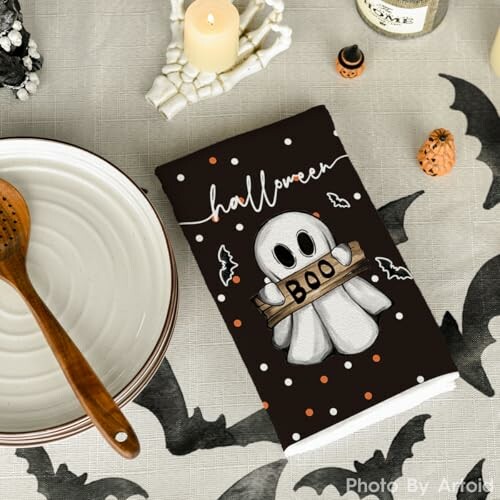 Halloween-themed towel with ghost design and 'Boo' text