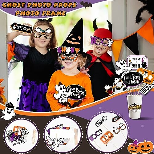 Kids in costumes with Halloween photo props