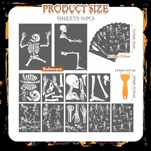 Skeleton wall decals product size and details.