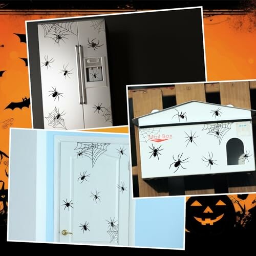 Halloween decorations with spider and web stickers on appliances and mailbox.