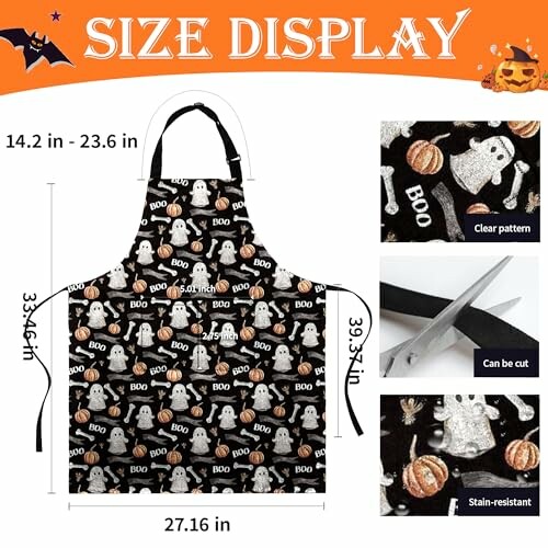 Halloween-themed apron with ghost and pumpkin patterns, size display and features.