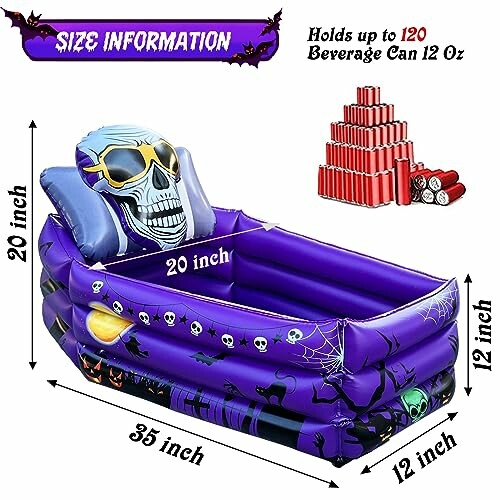 Halloween-themed inflatable cooler with skeleton design and size details.