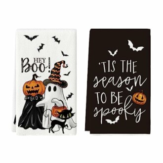 Halloween towels with ghost, pumpkin, and bats design