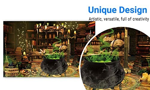 Halloween-themed room with a witch's cauldron and magical ambiance.