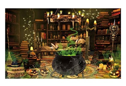 Spooky witch library with cauldron and Halloween decorations