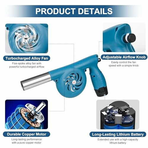 Handheld blower with turbocharged alloy fan, adjustable airflow knob, durable copper motor, and long-lasting lithium battery.