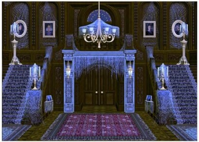 A spooky hallway with cobwebs, chandeliers, and portraits, perfect for Halloween backdrops.