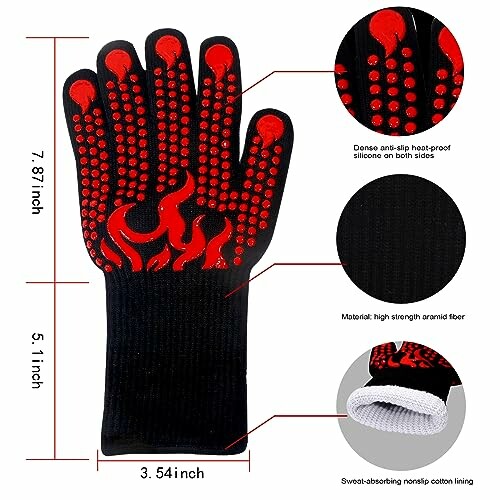 Black and red heat-resistant BBQ glove with measurements and material details.