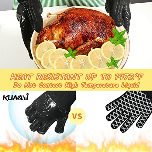 Heat resistant gloves holding a cooked chicken with lemon slices.