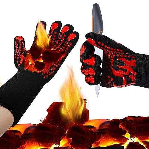Heat-resistant gloves with flames and knife
