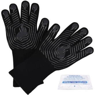 Black heat-resistant grill gloves with flame patterns.