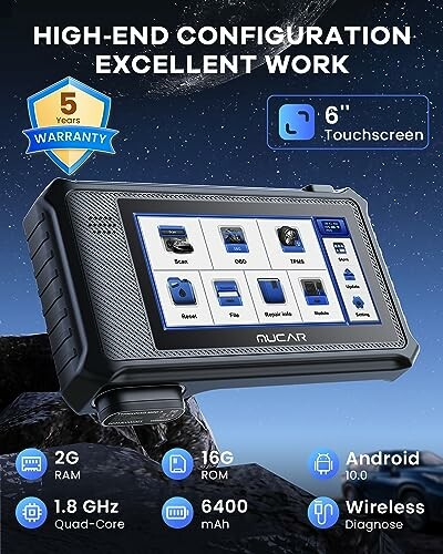 Automotive diagnostic tool with 6-inch touchscreen and various features.