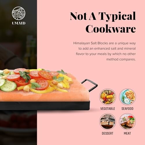 Himalayan salt block with vegetables and text about unique cookware benefits.