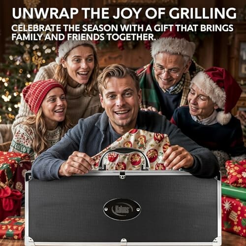 Family celebrating with a holiday gift and grill set.