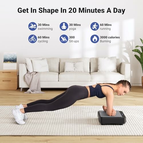 Woman doing a plank on a step platform in a living room.