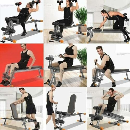 Collage of a person demonstrating various exercises using a home gym bench and dumbbells.