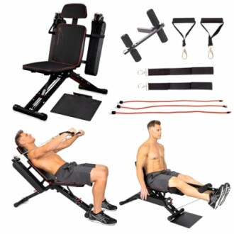 Multifunctional home gym equipment with attachments and workout demonstration.