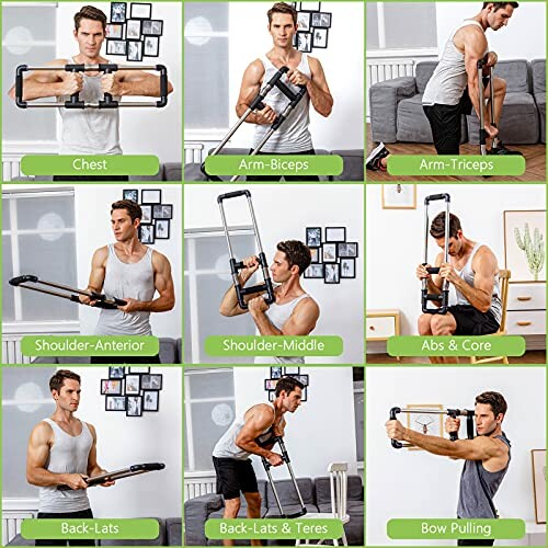 Man demonstrating various home workout exercises for different muscle groups in a 3x3 grid format.