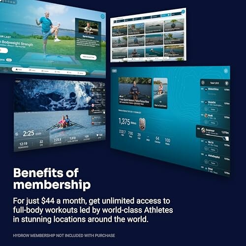 Hydrow membership benefits with workout screens and pricing.