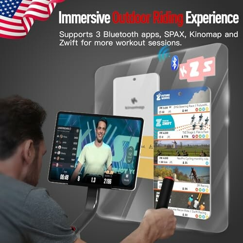 Man using exercise bike with tablet showing workout apps.