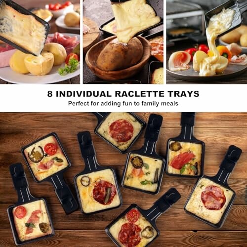 Eight individual raclette trays with melted cheese, vegetables, and meats.