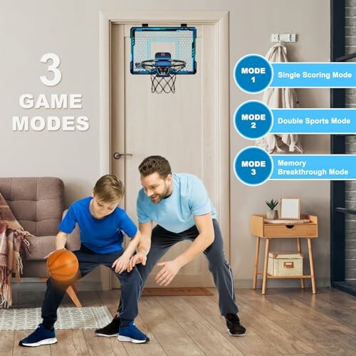 Father and son playing indoor basketball with three game modes displayed.
