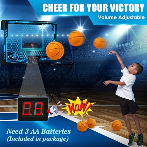Child playing with an indoor basketball hoop game, digital scoreboard, and flying basketballs.