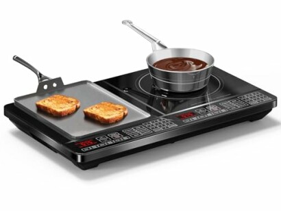 Induction cooktop with toast and saucepan.