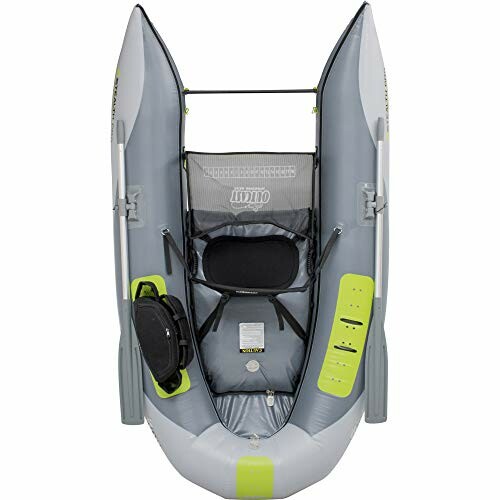 Inflatable fishing boat with oars and seat.