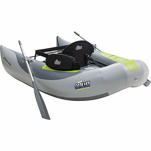 Inflatable fishing boat with oars and seat.