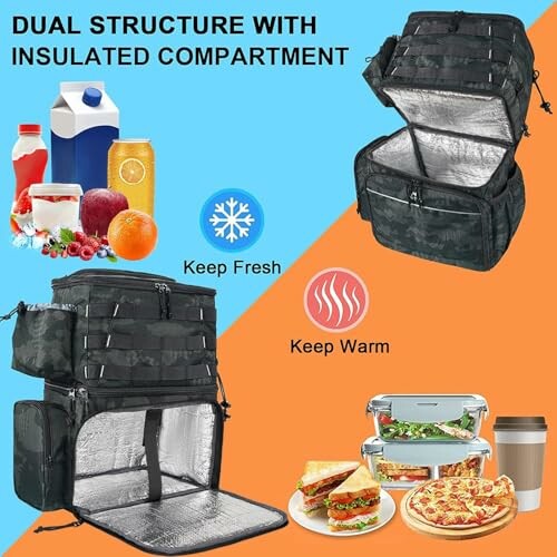 Insulated bag with dual compartments for keeping food fresh or warm.