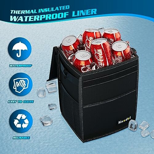Insulated cooler bag with soda cans and ice cubes.