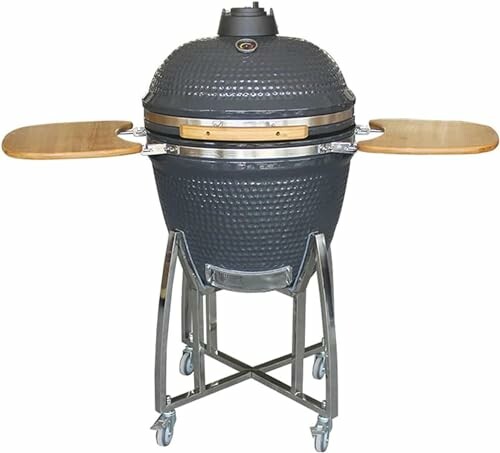 Kamado grill on wheels with wooden side shelves