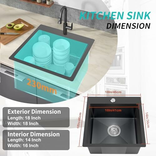 Kitchen sink dimensions with dishes inside.